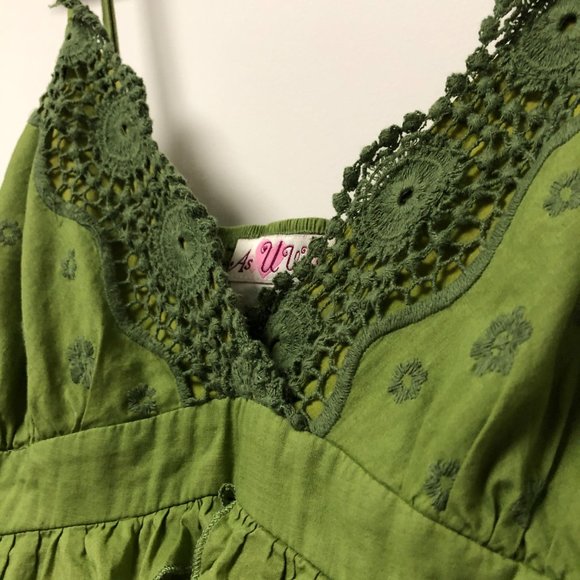 As U Wish Avocado Summer Dress with Crochet and Ruffle Detail - Picture 3 of 13